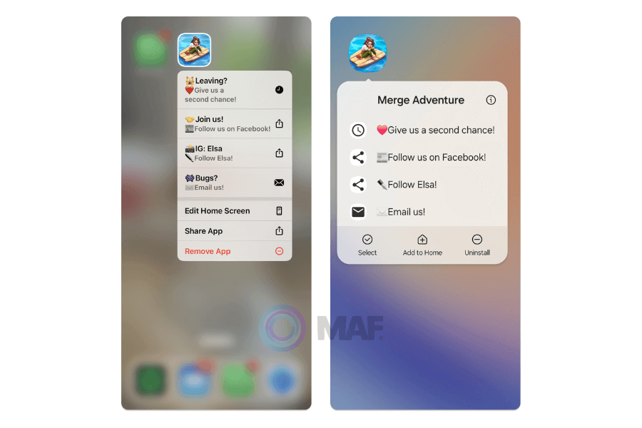 Examples of Quick Actions and App Shortcuts usage for user retention by Merge Adventure
